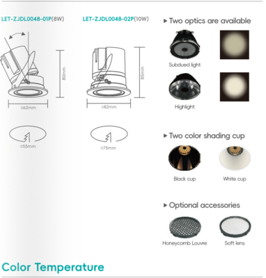 Lampu sorot yang dapat disesuaikan tersembunyi Tegangan Input: 220V-240V Ukuran: 62*88mm/82*85mm Potongan: 55mm/75mm CRI≥92 Sudut Sinar：15°/24°/38° Daya: 8W/10W Fluks Cahaya: 60 lm/w Dapat disesuaikan