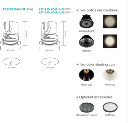 Lampu sorot yang dapat disesuaikan dengan retak Tegangan Masuk:220V-240V Ukuran:110*145mm/140*178mm Potongan: 100mm/125mm CRI≥92 Toleransi warna≤4SDCM Sudut Sinar:15°/24°/38° Daya:25W/35W/40W Lampu Fluks:60 lm/w