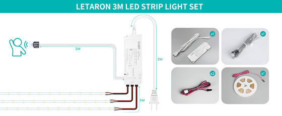 LETARON COB LED Strip Light 24V LED Tape Light, 480 pcs/M LED, Super Bright High Lumen 6000K Putih 3m, Dimmable dengan 3M Tape, 30W UL Power Supply, Touch SWITH untuk Kamar Tidur, Rumah, Dapur DIY