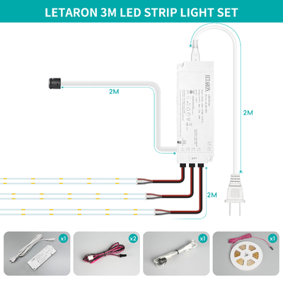 LETARON COB LED Strip Light 24V LED Tape Light, 480 pcs/M LED, Super Bright High Lumen 6000K Putih 3m, Dimmable dengan 3M Tape, 30W UL Power Supply, Touch SWITH untuk Kamar Tidur, Rumah, Dapur DIY