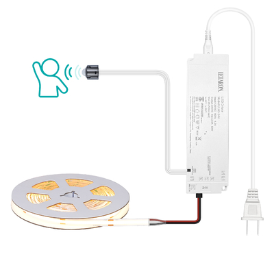 LETARON COB LED Strip Light 24V LED Tape Light, 480 pcs/M LED, Super Bright High Lumen 3000K Warm White 5m, Dimmable dengan 5M Tape, 60W UL Power Supply, PIR SWITH untuk Kamar Tidur, Rumah, Dapur DIY